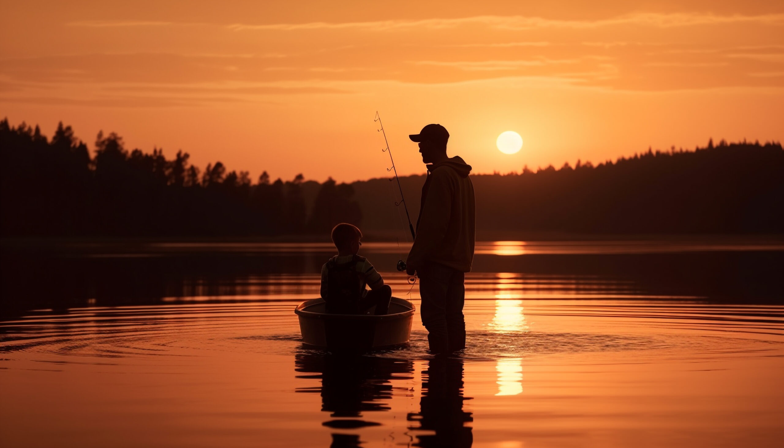 Silhouettes bond over nautical pursuit at sunrise generated by AI
